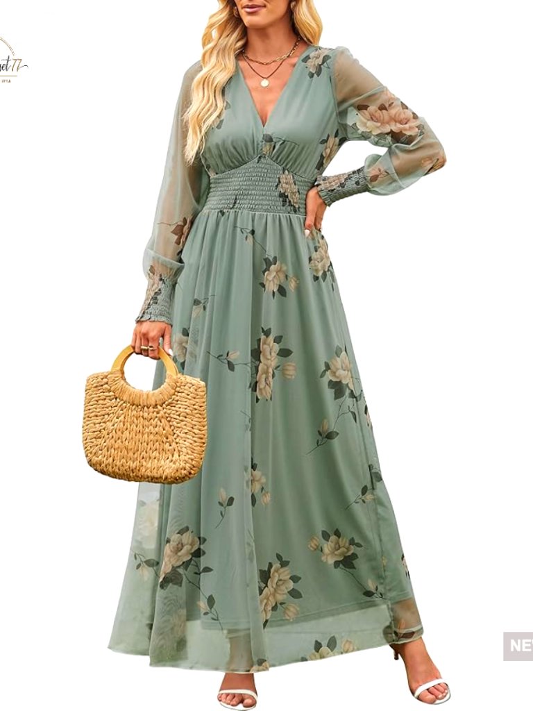 Women's Floral Maxi Dress V Neck Puff Sleeve Long Sleeve Casual Wedding Guest